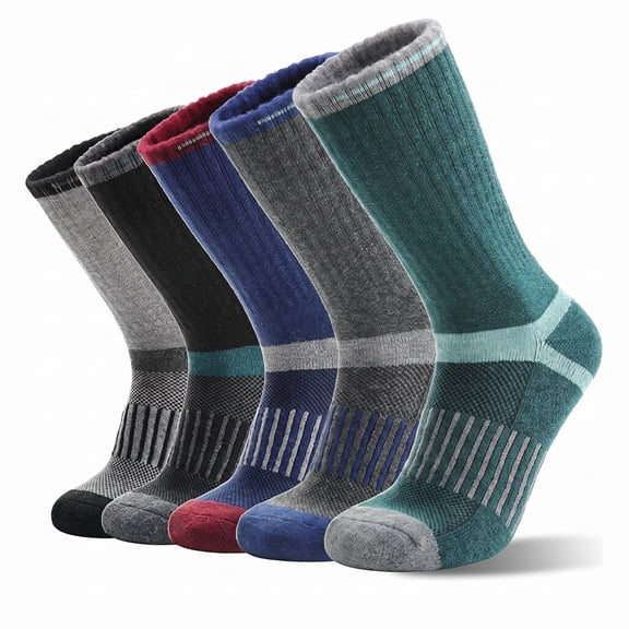 5 Pairs Merino Wool Hiking Socks for Men & Women, Thermal Cushioned Cold Weather Boot Socks, Moisture Wicking - Dark Pinstripes Large