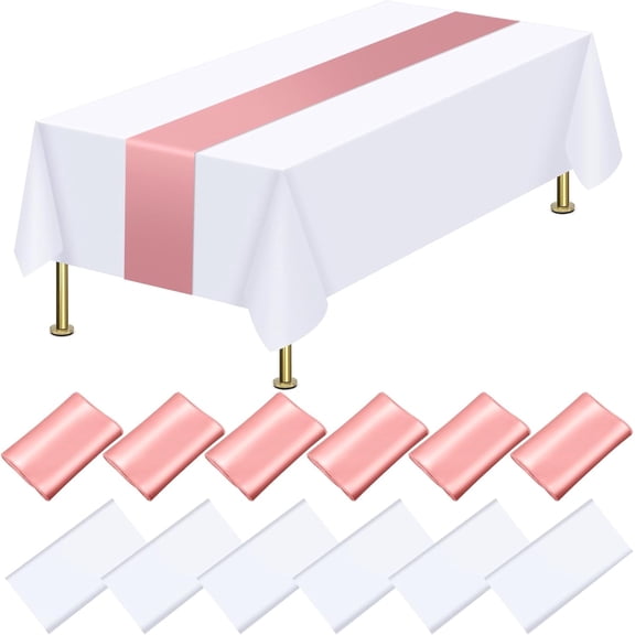 12 Pcs Disposable Plastic Tablecloths and Satin Table Runner Set,54 x 108 Inch White Tablecloths,12 x 108 Inch Rose Gold Runners,Rectangle Table Cover for Wedding Birthday Graduation