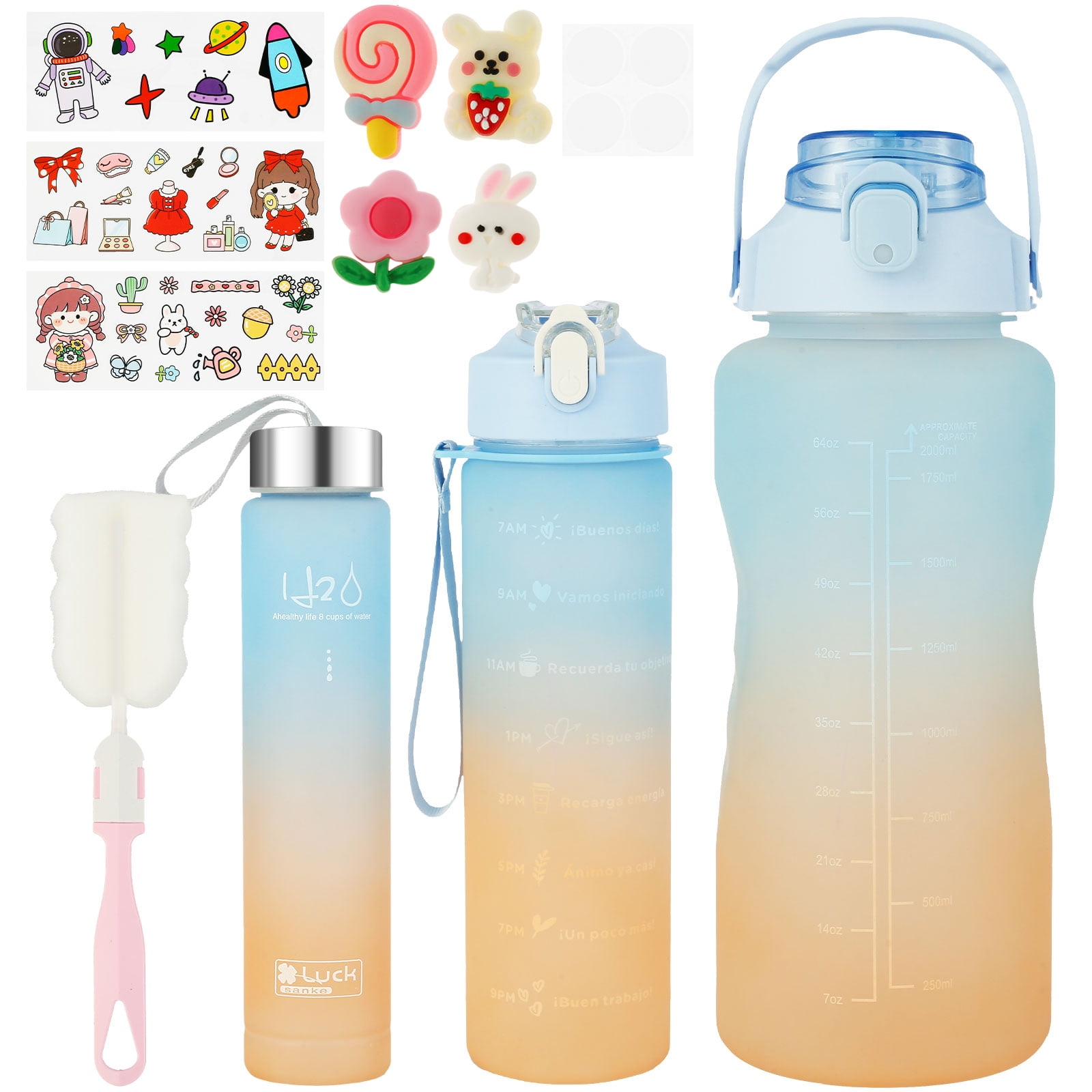 MINISO MS142 67 OZ Gradient Water Bottle, Motivational Time Marker & Straw,  Leakproof, BPA Free, Reusable Flip Top, (Pink & Blue)