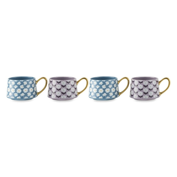 Thyme & Table 4 Pack Blue and Purple Daisy Print Teacup Mugs with Gold Handles 11.8 fl oz, Stoneware
