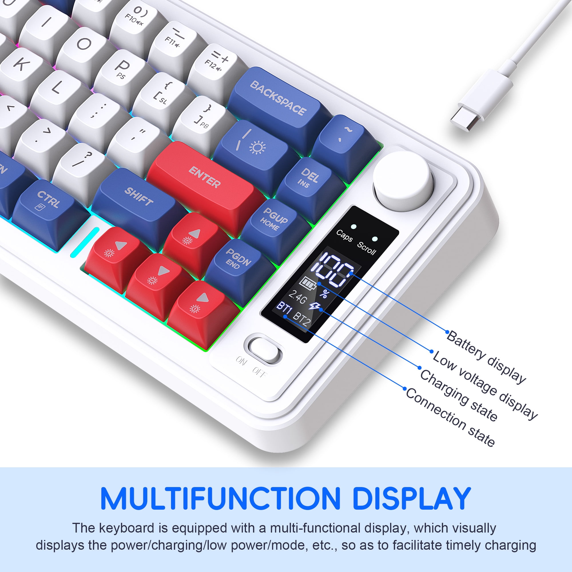 2.4G+Dual Bluetooth Keyboard 68 Keys with Multifunctional Display,Long Battery Life.Wireless Gaming Keyboard for PC/Tablet/Phone