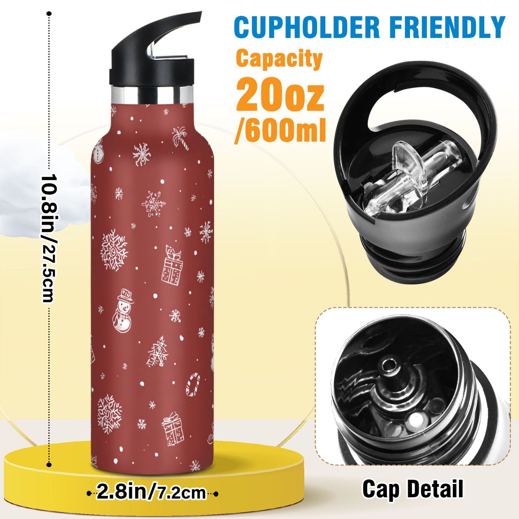 600ML Stainless Steel Insulated Cup Sports Water Bottle Portable Thermos Cup Water Glasses Insulated Tumblers Convenient and Durable Red Christmas Pattern