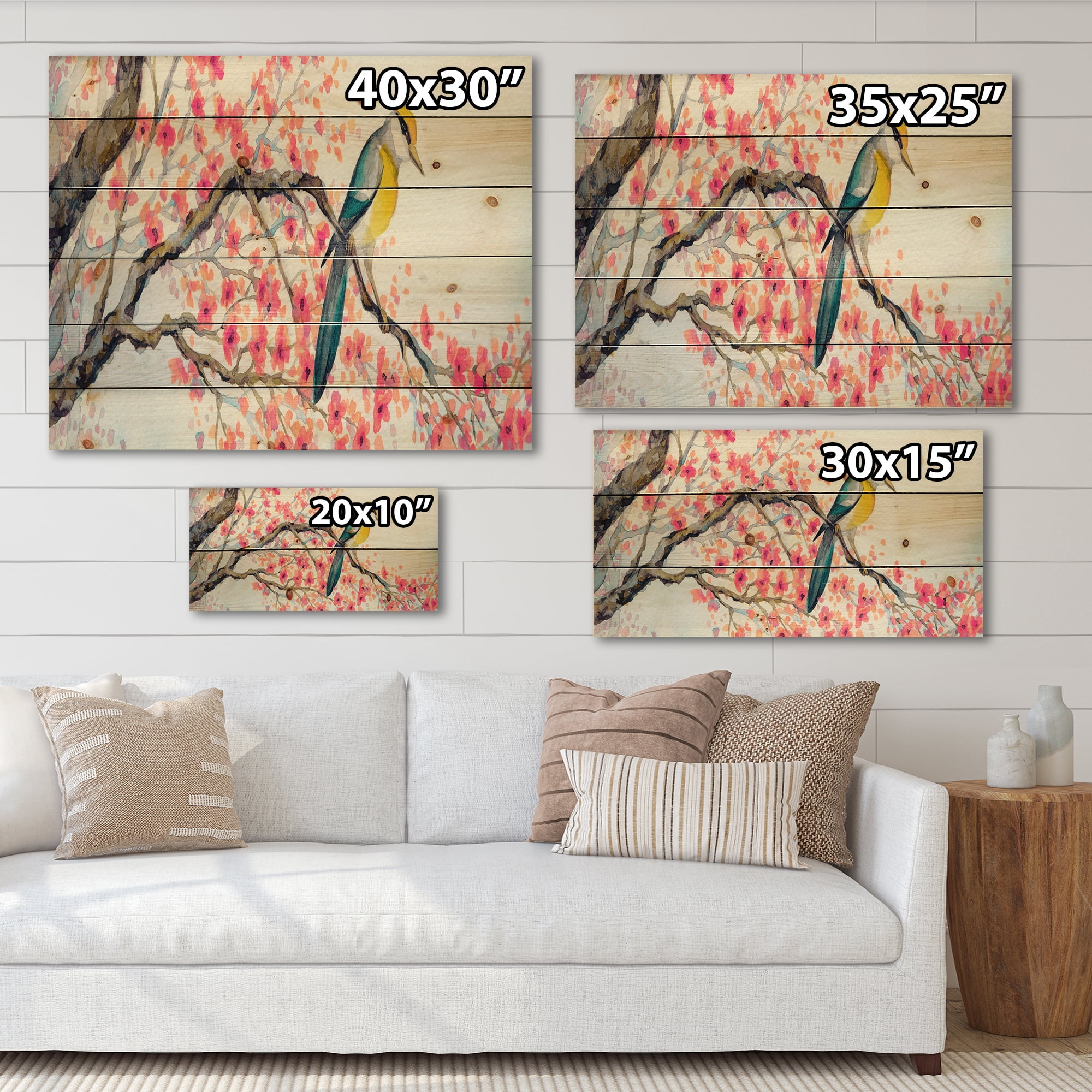 Designart 'Beautiful Pink Bird Sitting On Flowering Branch I' Traditional Print on Natural Pine Wood