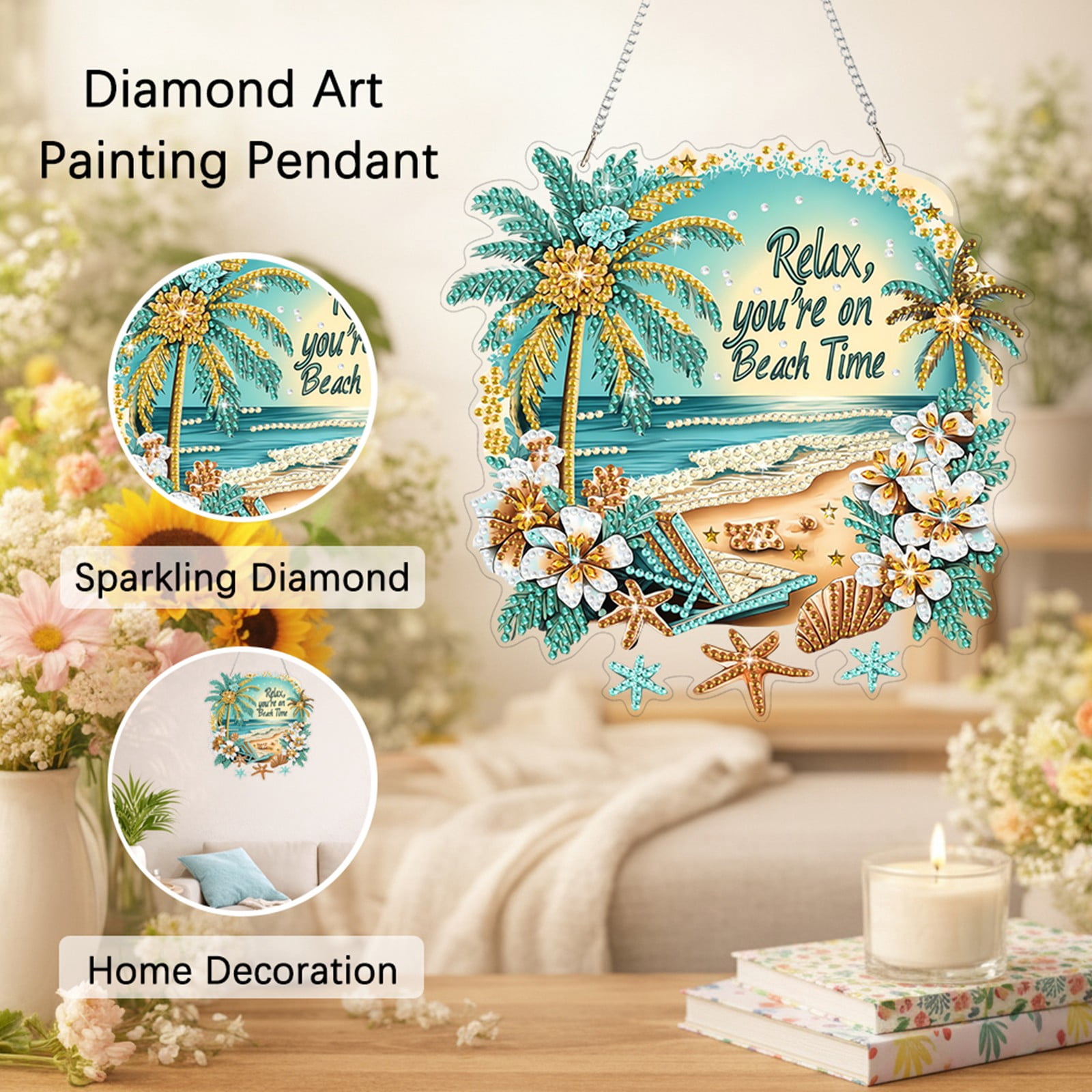 FLOPESN 2PCS DIY Diamond Art Kits,Spring Painting Sea Style, 8.27*8.27in Diamond Painting Pendant, Creative Design Wall Decor