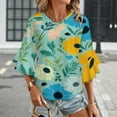 thumbnail image 3 of Pretty Floral Teal Background Design Women's V-Neck Blouse With 3/4 Ruffled Bell Sleeves Casual Top Ladies Blouses, 3 of 7