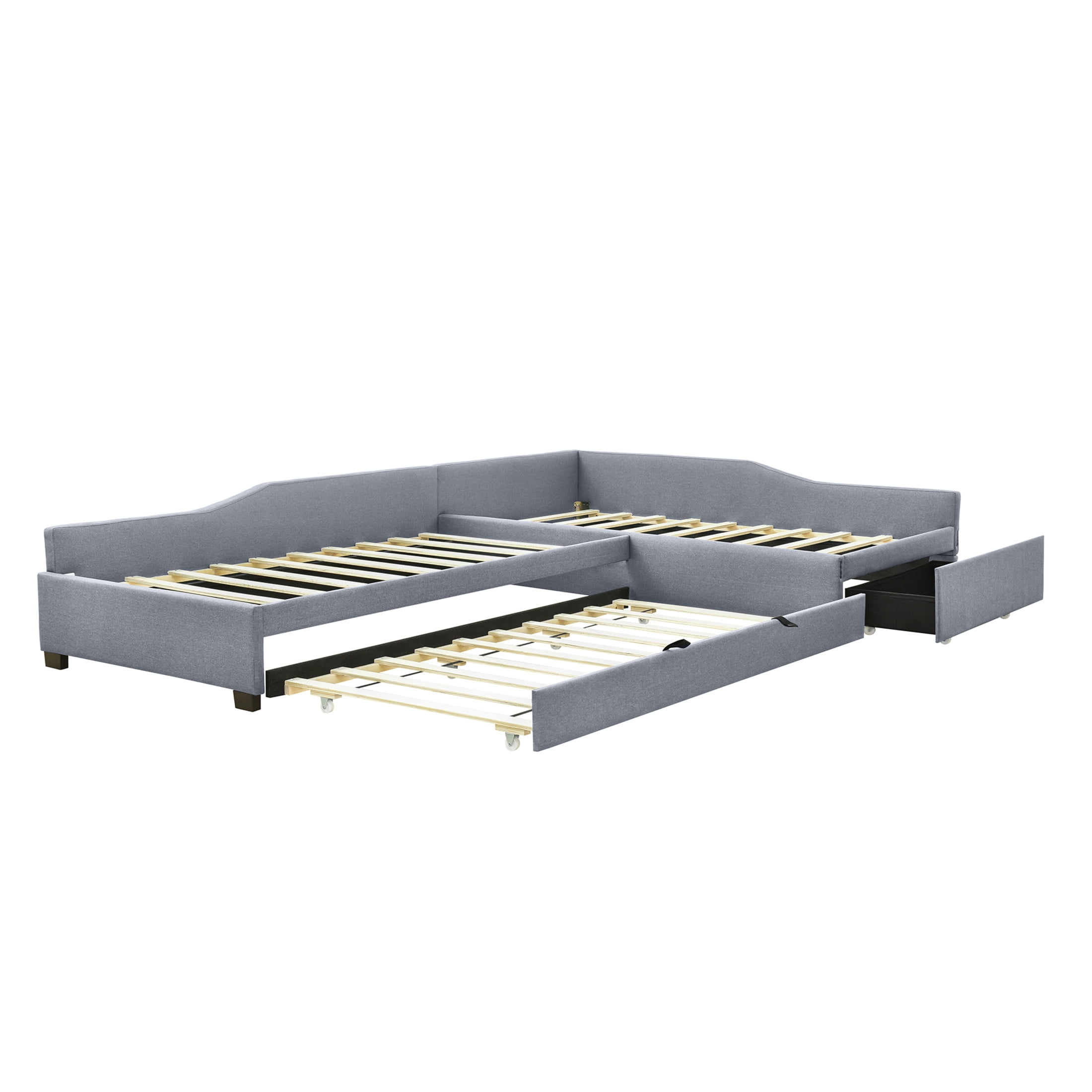 Noble House Orielle Linen Upholstered Double Twin Daybed with Extra Trundle and Storage Drawer, Plywood Frame, Gray