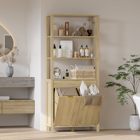 WIAWG 70.8" Tall Bathroom Storage Cabinet, Farmhouse Modern Cabinet with Drawer, Tilt Out Laundry Basket,Oak Color