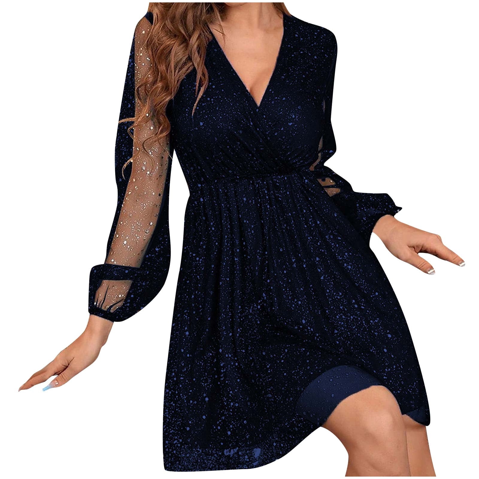 Women's Sequins Mini Dress Lantern Long Sleeve V Neck Mesh Splicing Glitter Cocktail Party Dress Short Dance Dress