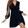 thumbnail image 3 of Women's Sequins Mini Dress Lantern Long Sleeve V Neck Mesh Splicing Glitter Cocktail Party Dress Short Dance Dress, 3 of 8