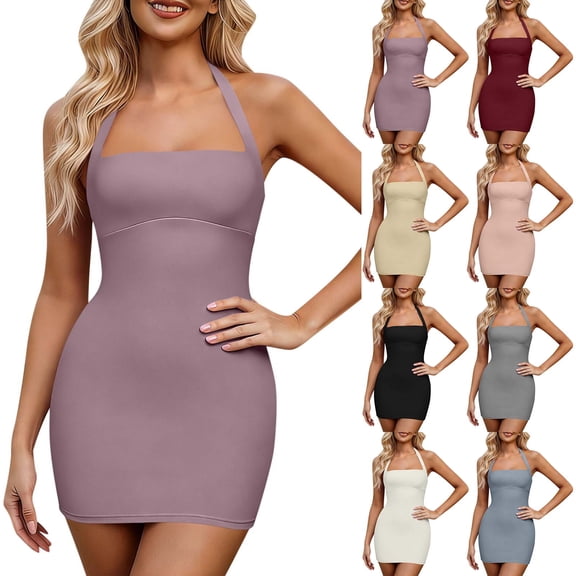 QATAINLAV Womens Halter Neck Tennis Dress Sleeveless Built in Shorts Summer Dress with Pockets Golf Athletic Outfits Pink M