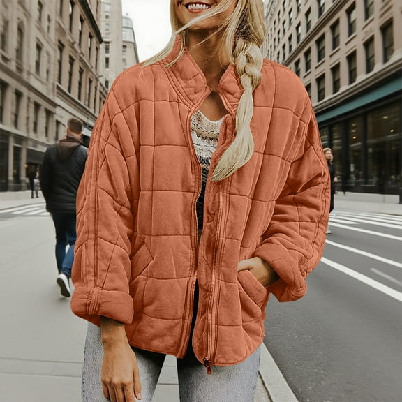 LEKWK Quilted Jackets for Women Lightweight Zip up Warm Padded Winter Coats Baggy Oversized Y2K Clothes with Pockets Streetwear