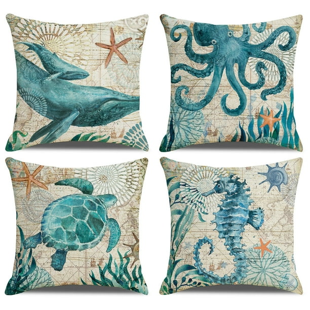 4 Pack Beach Throw Pillow Covers Decorative Ocean Coastal Theme Pillow