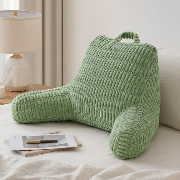 Reading Pillow with Side Pockets, Backrest for Sitting Up in Bed or Couch, Shredded Memory Foam Support, Includes Arms, Washable Sage Green Cover