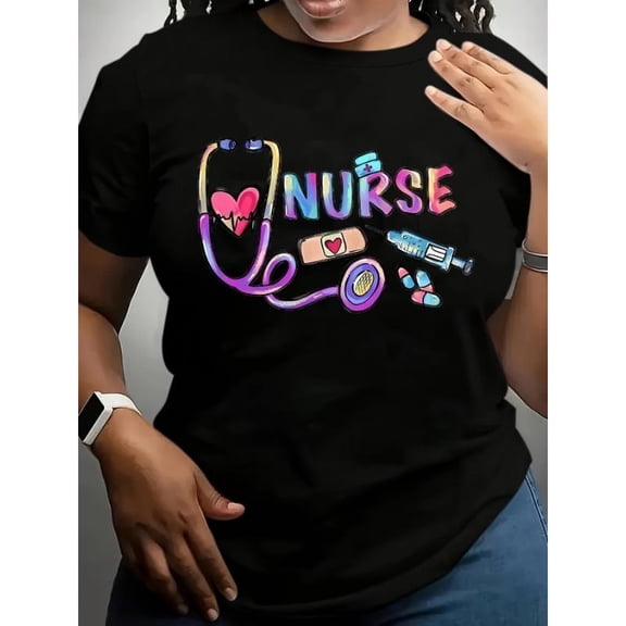 Casual Graphic Tee,Tops Has"Nurse"Text With Nursing Tools & Hearts (Stethoscope, Syringe, Heart Monitor),Round Neck Regular Fit T-shirts, Size(S-5XL)