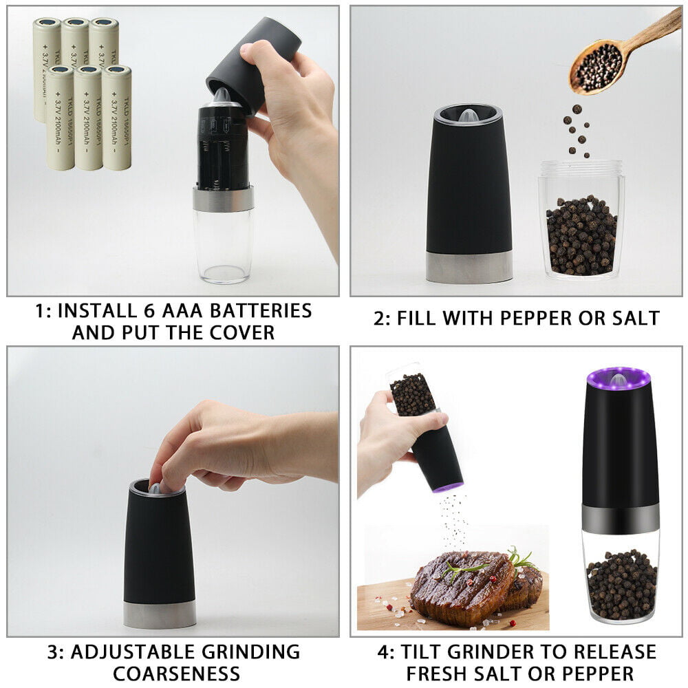 AmuseWit Gravity Electric Salt and Pepper Grinder Set of 3 - Battery  Operated Automatic Salt and Pepper Mills with White Light,Adjustable
