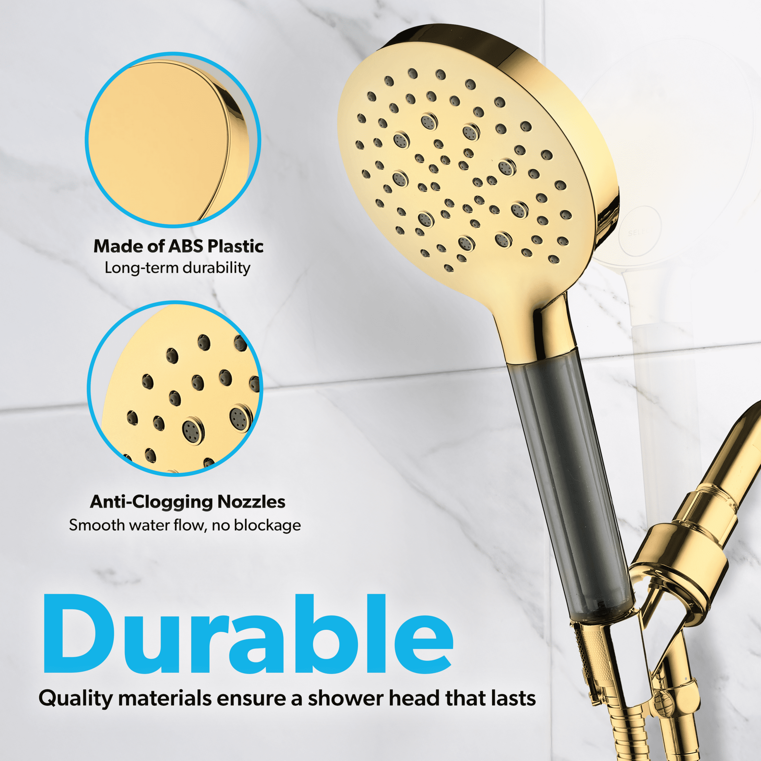 BLACK+DECKER Handheld Shower Head w/ 3 Spray Settings, Water Filter, & Stainless Steel Hose, Gold