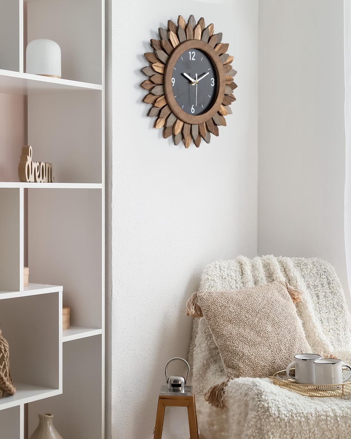12 In Rustic Wood Boho Sunburst Decorative Wall Clock Silent Non Ticking Farmhouse Small Wall Clocks for Living Room Kitchen Bedroom Decor (Tricolor)