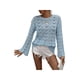 thumbnail image 2 of Txlixc Mujeres Trendy Hollow-Out Tops, Crochet Color sólido Cuello redondo Manga larga Punto Tops con puños acampanados para damas Txlixc  Moda, 2 of 9