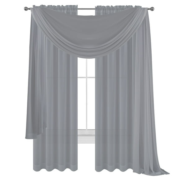 3 Piece Silver Grey Sheer Voile Curtain Panel Set: 2 Purple Panels and 1 Scarf…