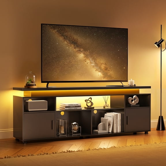 SUNCOZE TV Stand for TVs Up to 80 inch Entertainment Center with LED Lights Console for Living Room Black