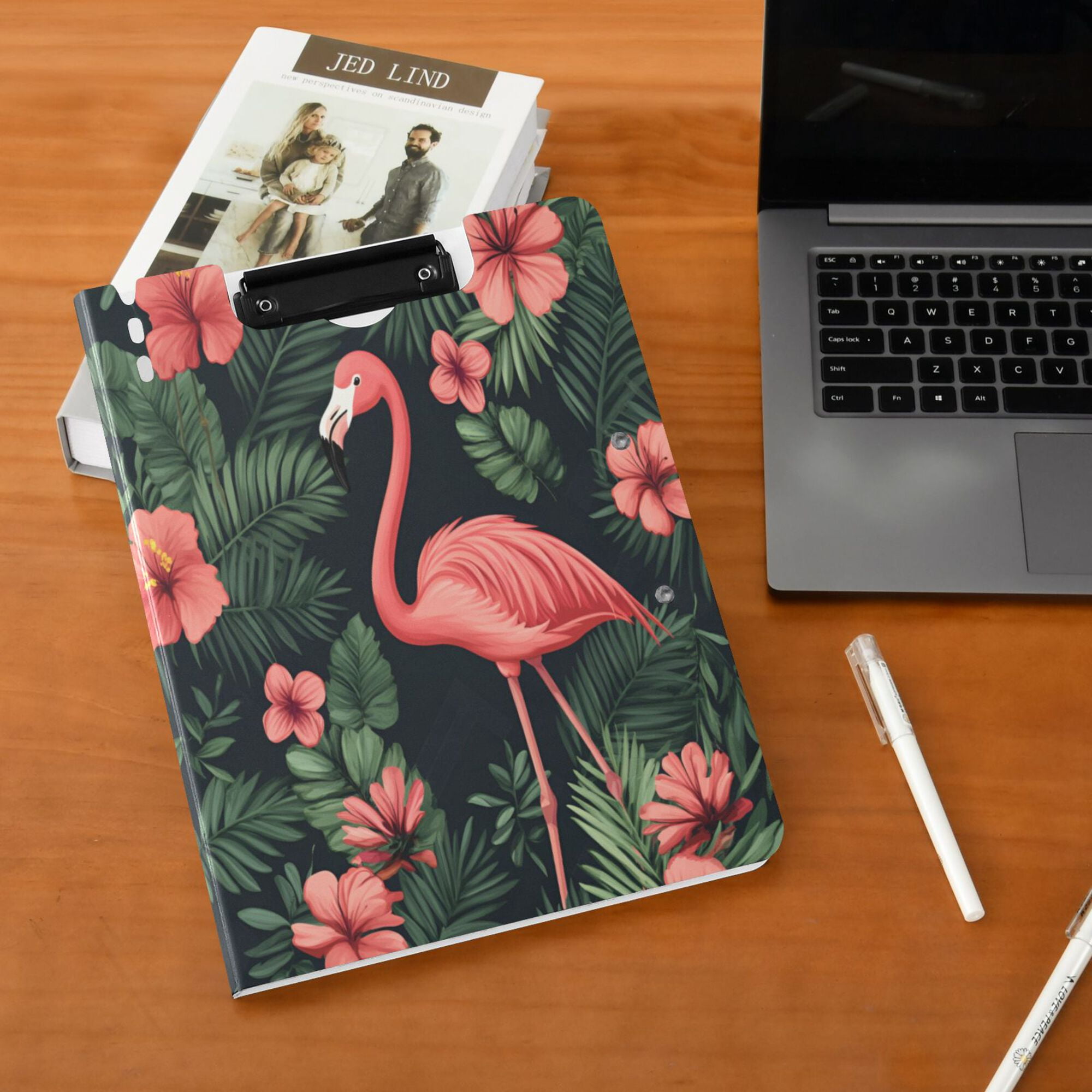 FORMRS A4 Clipboard Folder with Pen Holder Horizontal Foldable School Office Binder, Red Flamingo Pattern