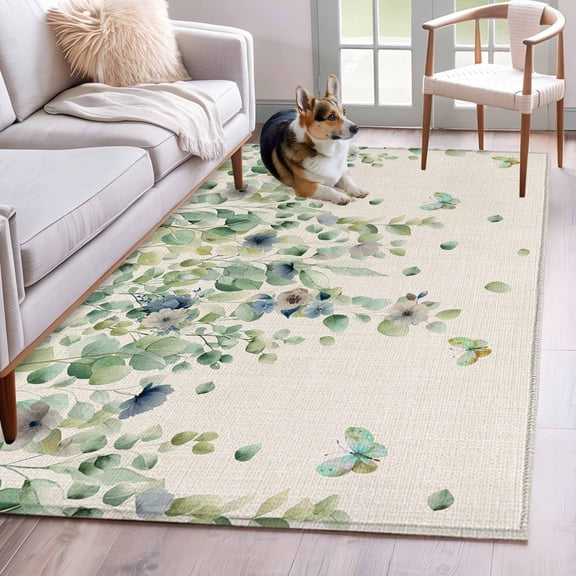 Sage Green Eucalyptus Area Rugs 3'x5', Washable Small Throw Rugs for Living Room Bedroom, Weeping Botanical Leaves Linen Indoor Outdoor Rug Non-Slip Low Pile Carpet Runner Reversible Floor Mats