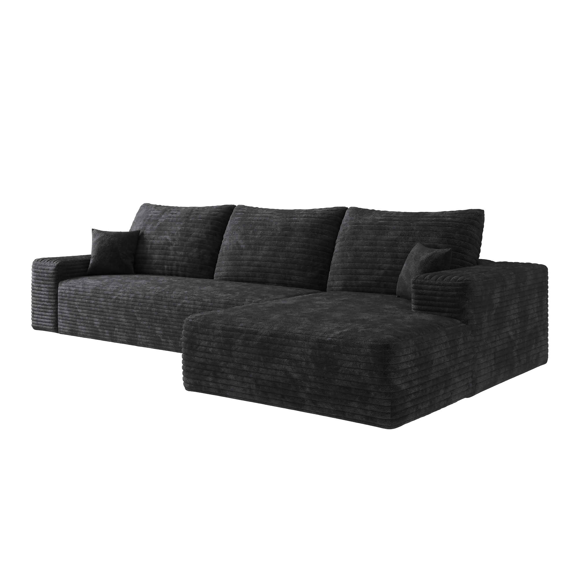 MAYEERTY 107-Inch Black Plush Corduroy 3-Seat L-Shaped Cloud Modular Sectional Sofa, Deep Seat Couch with Chaise No Assembly Required