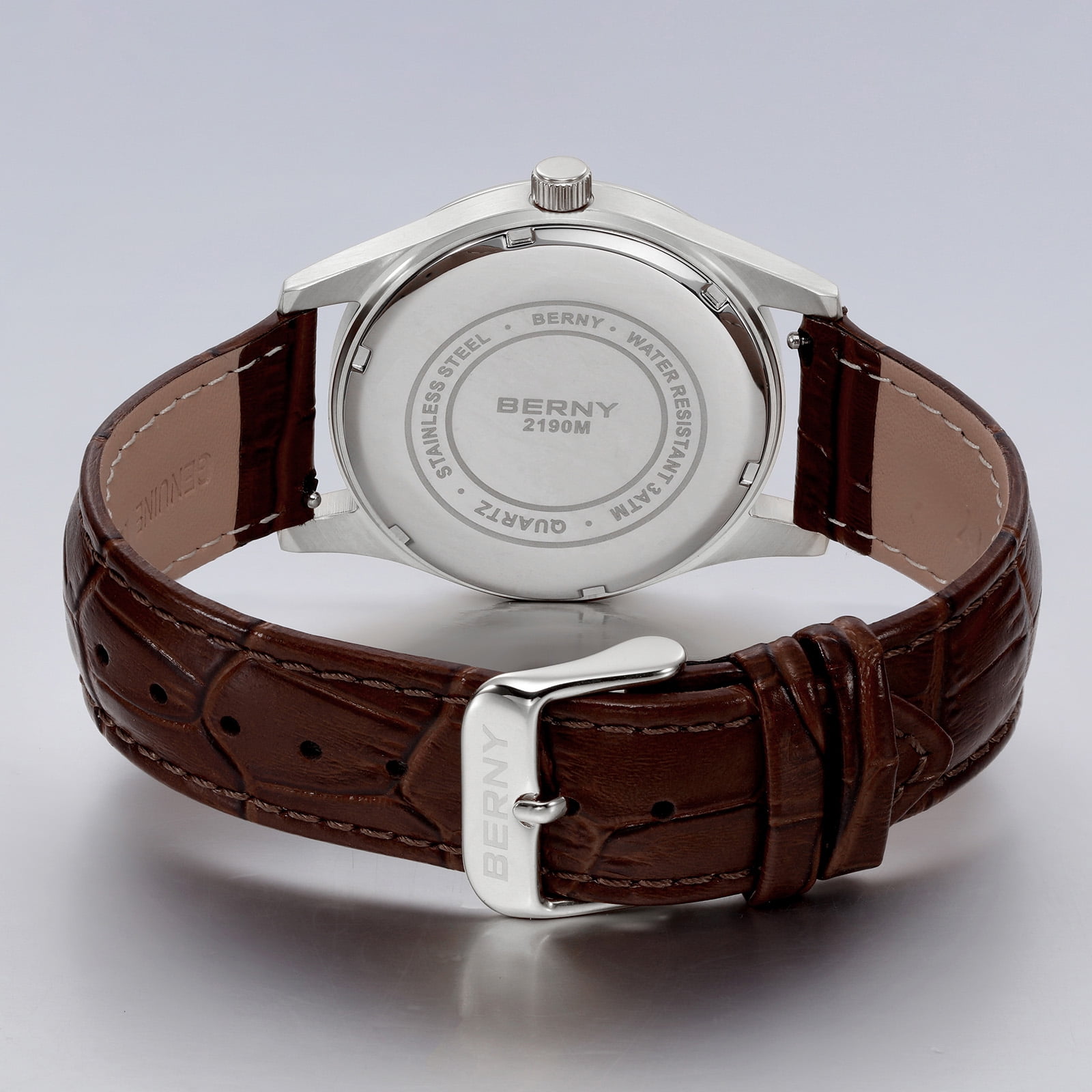 BERNY Dress Watches for Men, MultiFunction Leather Watch with Moon Phase, Day & Date Calendar, Stainless Steel Case, Easy to Read, Waterproof, Classic Analog Quartz Wrist Watch (White)