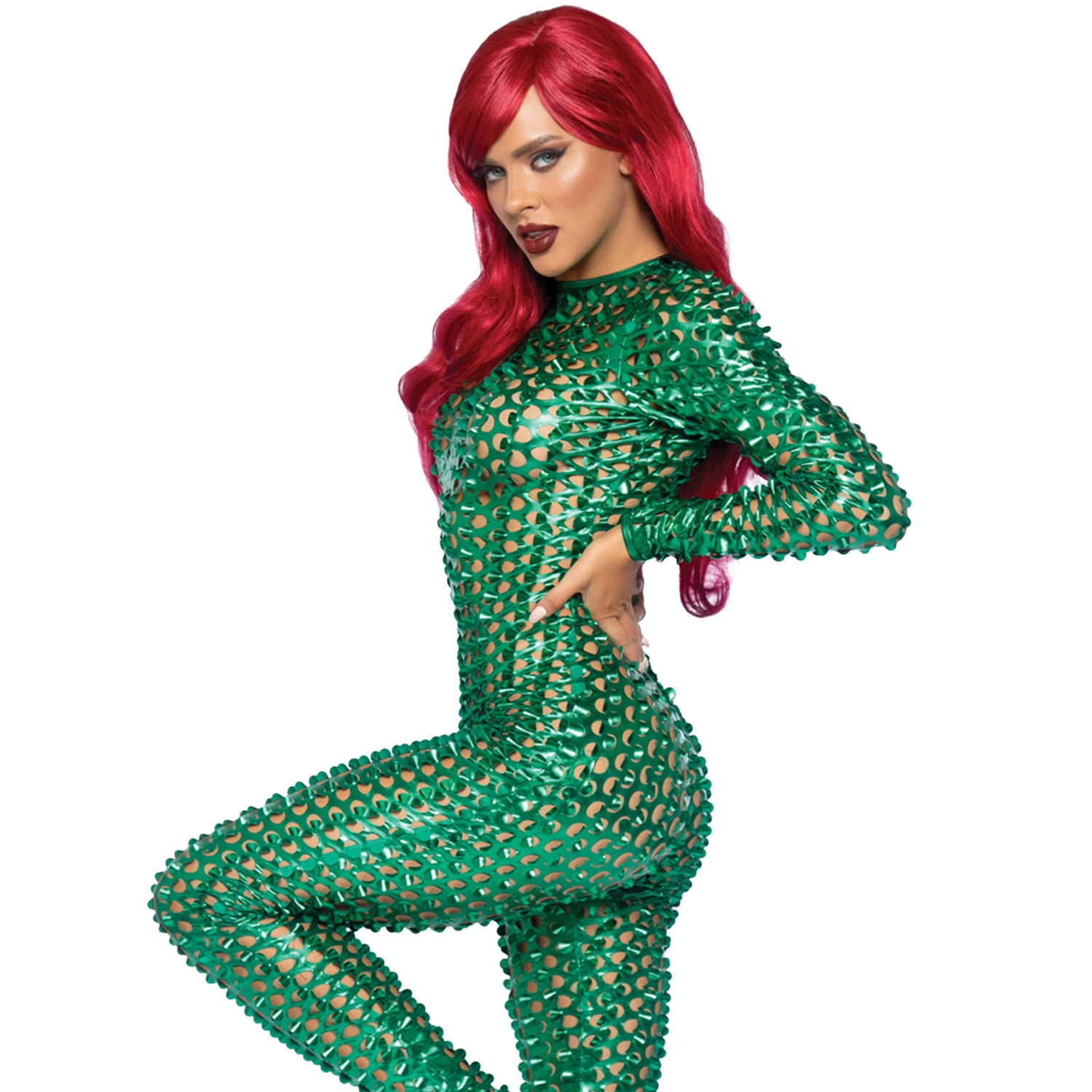 Leg Avenue Green Laser Cut Metallic Catsuit Women's Halloween Fancy-Dress Costume for Adult, M