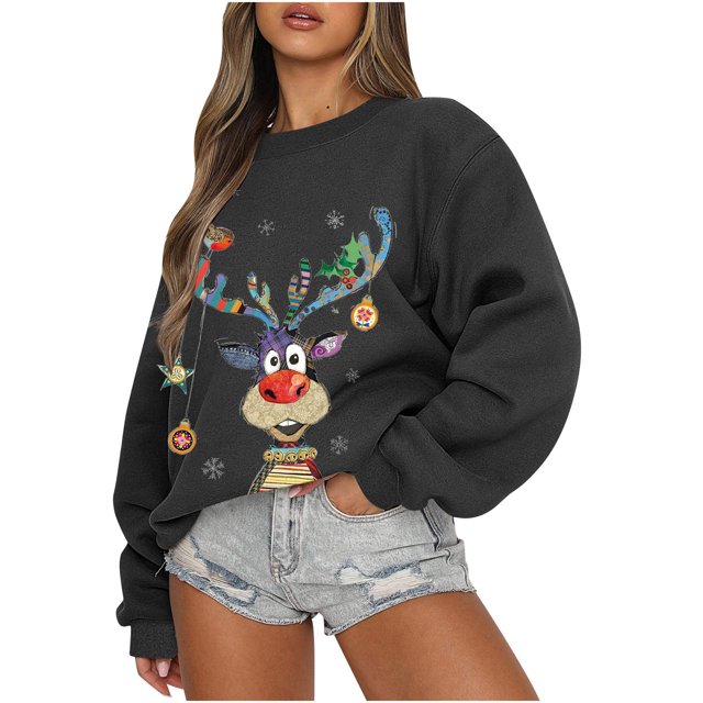 Mode de Noël pour Femmes, Chandail en Molleton Décontracté à Manches Longues et Col Rond Imprimé, Blouse pour Femmes, Chandail en Molleton Col Rond en Liquidation