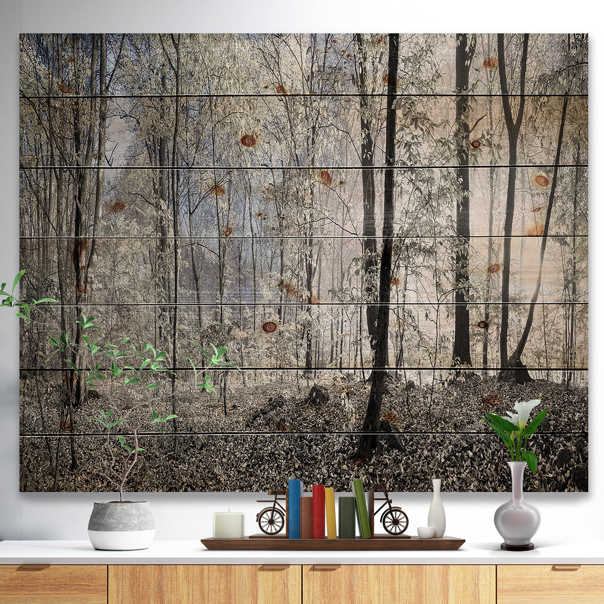 Designart 'Dark Morning in Forest Panorama' Landscape Print on Natural Pine Wood
