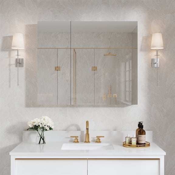 ANGELES HOME 36" x 30" Medicine Cabinet with Mirror, Rectangular Bathroom Mirror Cabinet with 6 Adjustable Glass Shelves, Aluminum Body, Recessed or Surface Mount Mirror Medicine Cabinet, Double Door