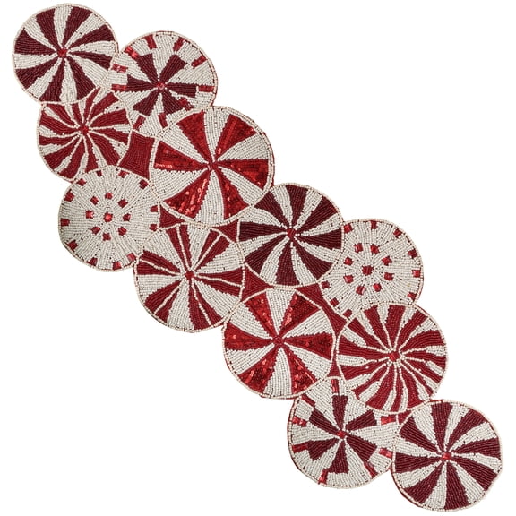 36x13-in Handmade Floral Decorative Glass Beaded Table Runner for Tabletop Decor - Maroon & Cream