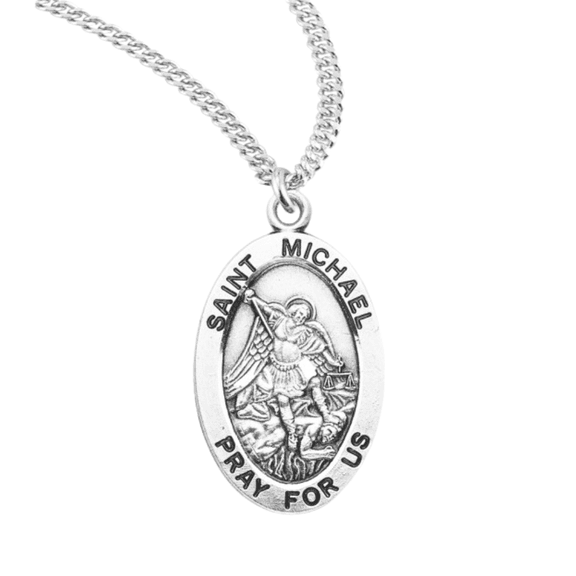 Sterling Silver Patron Saint St.Michael Oval Gold Over Medal Pendant Necklace in 20 inch Rhodium Plated Stainless Steel Chain -Deluxe Velvet Gift Box - Made in USA
