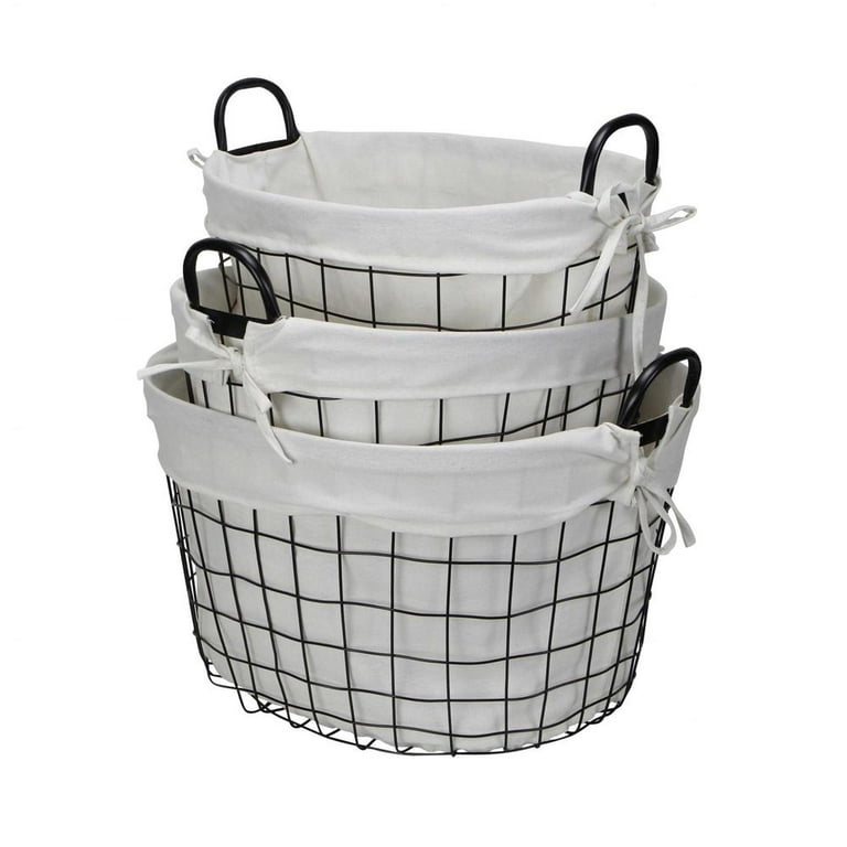 Set Of 3 Oval White Lined And Metal Wire Baskets With Handles Set Of 3 Oval White Lined And Metal Wire Baskets With Handles