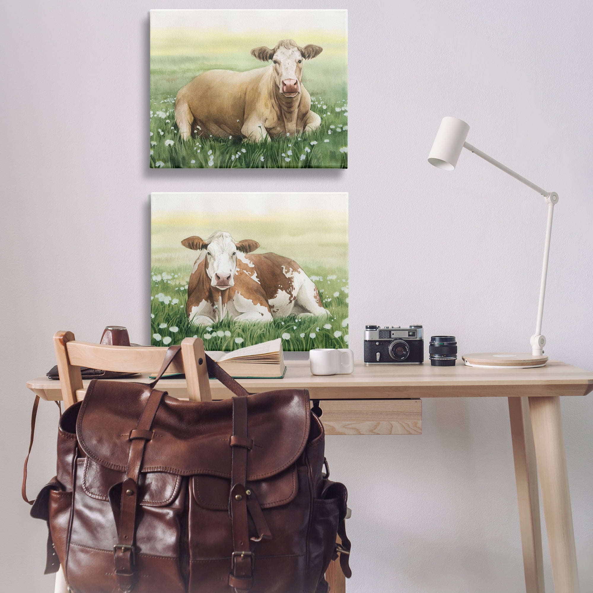 Stupell Industries Cows Resting in Flower Field Animals Painting Wrapped Canvas Art Print Wall Art, 30 x 24, Set of 2