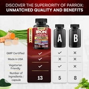 Parrox Iron Supplement with Slow Release Iron, Probiotics, Spirulina, Turmeric, Vitamin B6, B12, C, Zinc, Folate, Beetroot, Nettle Leaf, Dandelion Root,Black Pepper, Extra Strength, 60 Vegan Capsules
