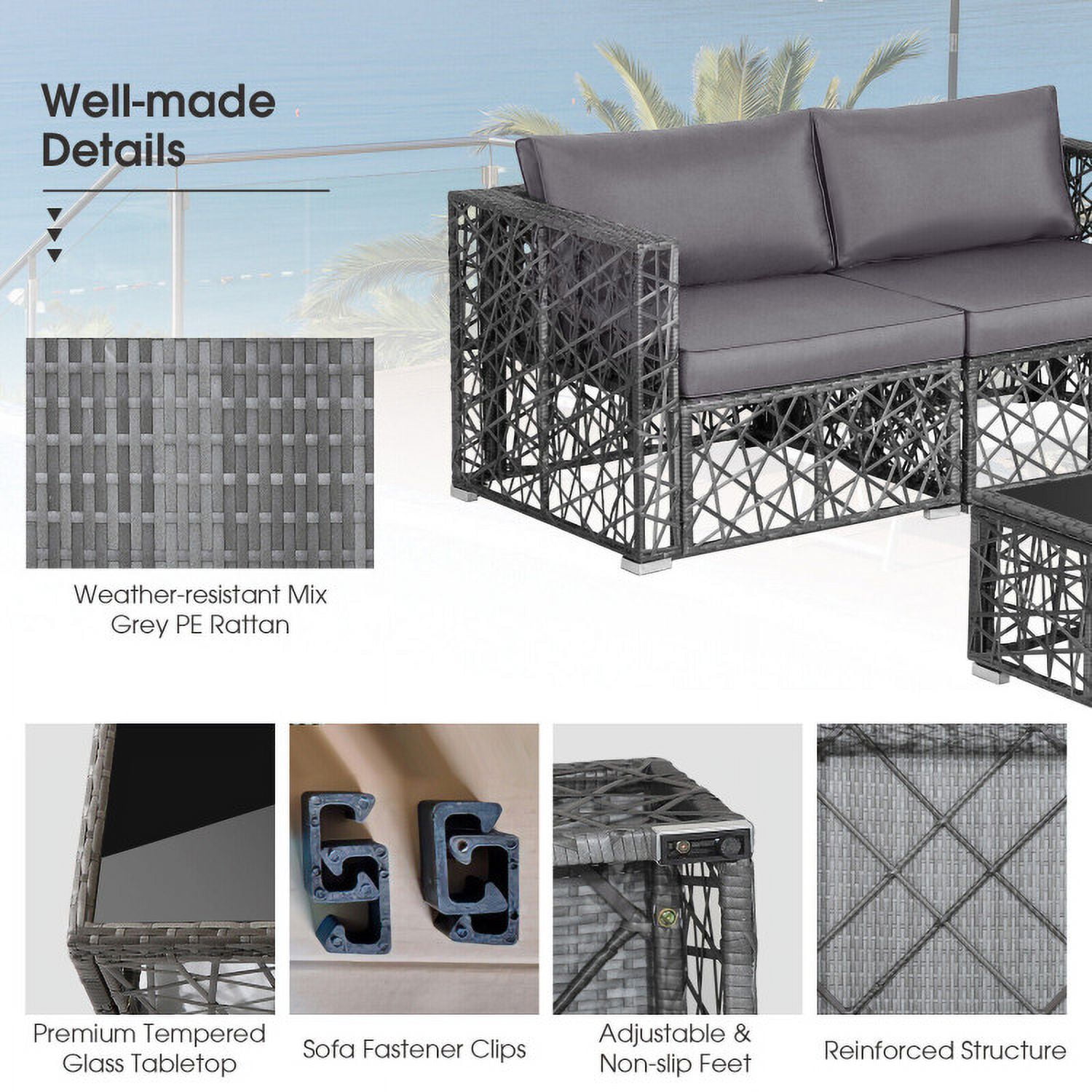 Aimee Lii 5 Pieces Patio PE Rattan Wicker Sofa Furniture Set, Outdoor Patio Set, Gray Aimee Lii 5 Pieces Patio PE Rattan Wicker Sofa Furniture Set, Outdoor Patio Set, Gray