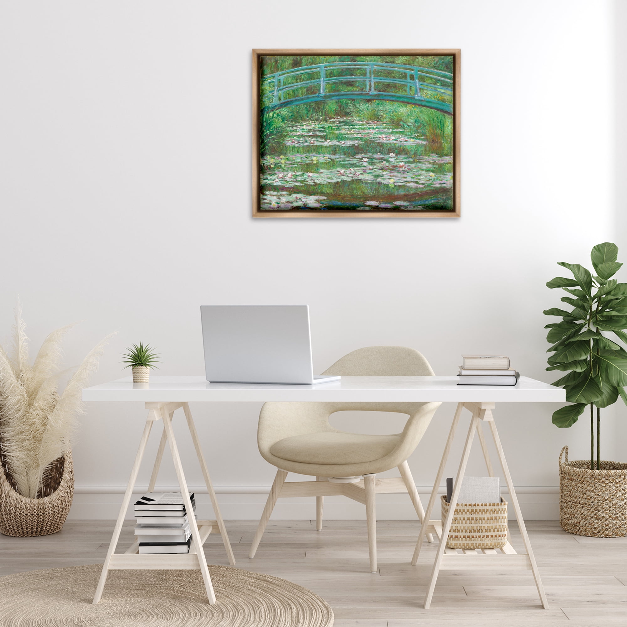 Stupell Industries Classic Monet Japanese Footbridge Landscape & Nature Painting Brown Floater Framed Canvas Art Print Wall Art, 31 x 25
