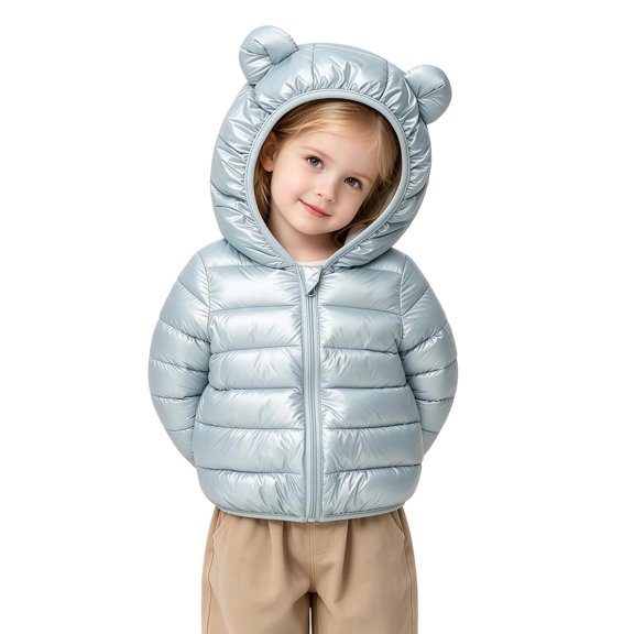 Toddler Bear Ear Hooded Puffer Jacket Lightweight Quilted Winter Coat with Full Zipper Warm Windproof Outerwear for Baby Boys Girls Fall Winter Daily Wear(Light Green,2-3 Years)