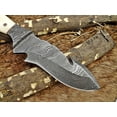 thumbnail image 4 of 9" Long hand forged Damascus steel full tang skinning Knife with gut hook, Camel bone with Damascus Bolster, Cow hide Leather sheath, 4 of 6