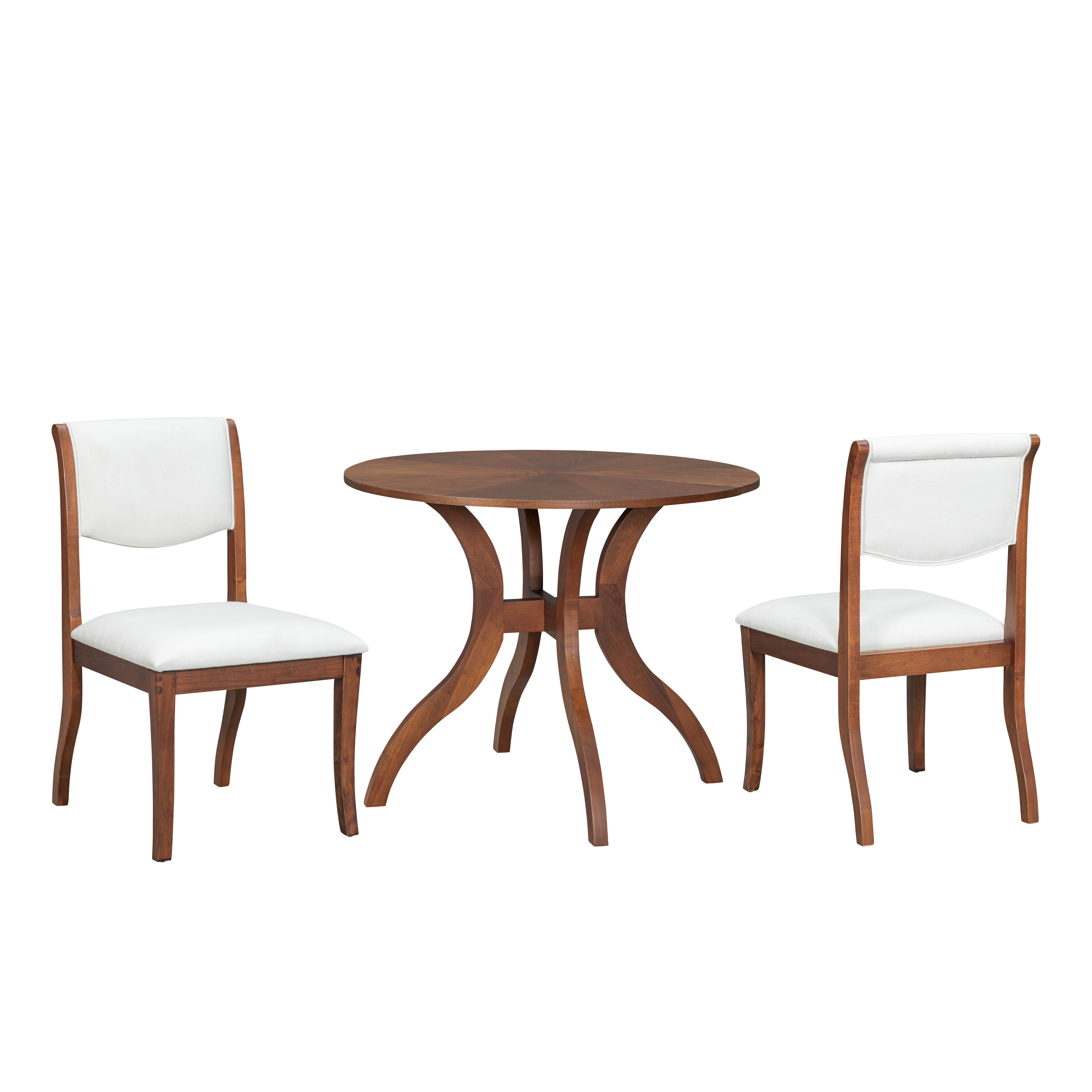Euroco 3-Piece Dining Table Set for 2,Wooden Kitchen Table with Curved Legs & 2 Upholstered Chairs for Small Spaces, Kitchen, Living Room,Walnut+White
