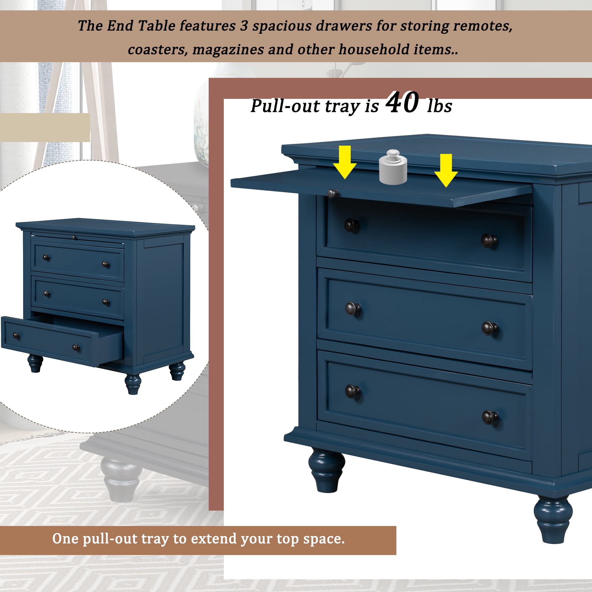 EUROCO 28'' Oversized Nightstand, Bedside Dresser End Table with Pull out Tray,3 Drawers, Rubber Wood Legs and Solid Frame for Living Room, Bedroom, Entryway, Blue