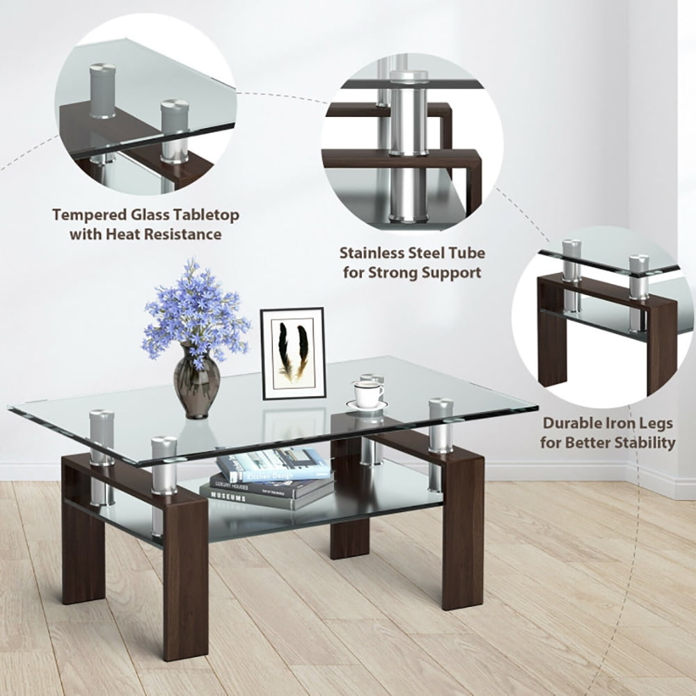 Finihen Glass Coffee Table, Rectangular Coffee Table, Rectangle Glass Coffee Table with Metal Legs, for Living Room, Reception Room, Brown Finihen Glass Coffee Table, Rectangular Coffee Table, Rectangle Glass Coffee Table with Metal Legs, for Living Room, Reception Room, Brown