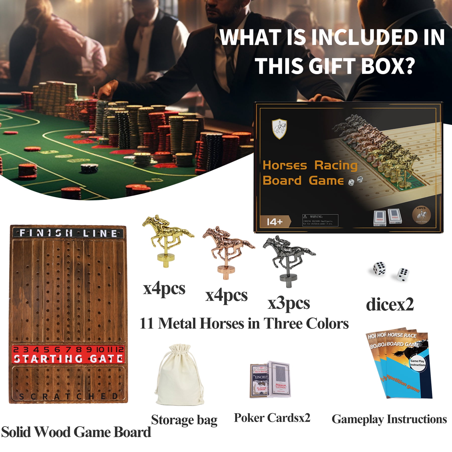 Horse Race Board Game Racing Game Flame Color Thickened Solid Wood with 11 Luxurious Durable Classic Metal Horses 15.6 x 10 x 10 Inch