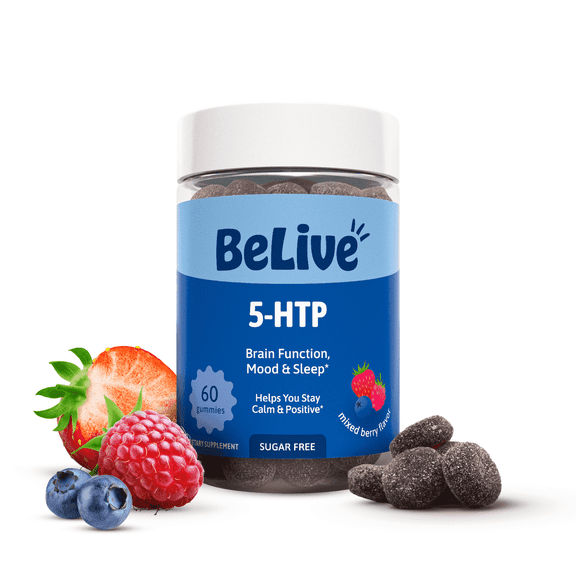 BeLive 5-HTP Sugar Free Gummies - 153 mg - Serotonin Booster, Sleep and Stress Relief Supplement - Mood, Better Focus and Relaxation for Adults - Mixed Berry Flavor - 60 Count