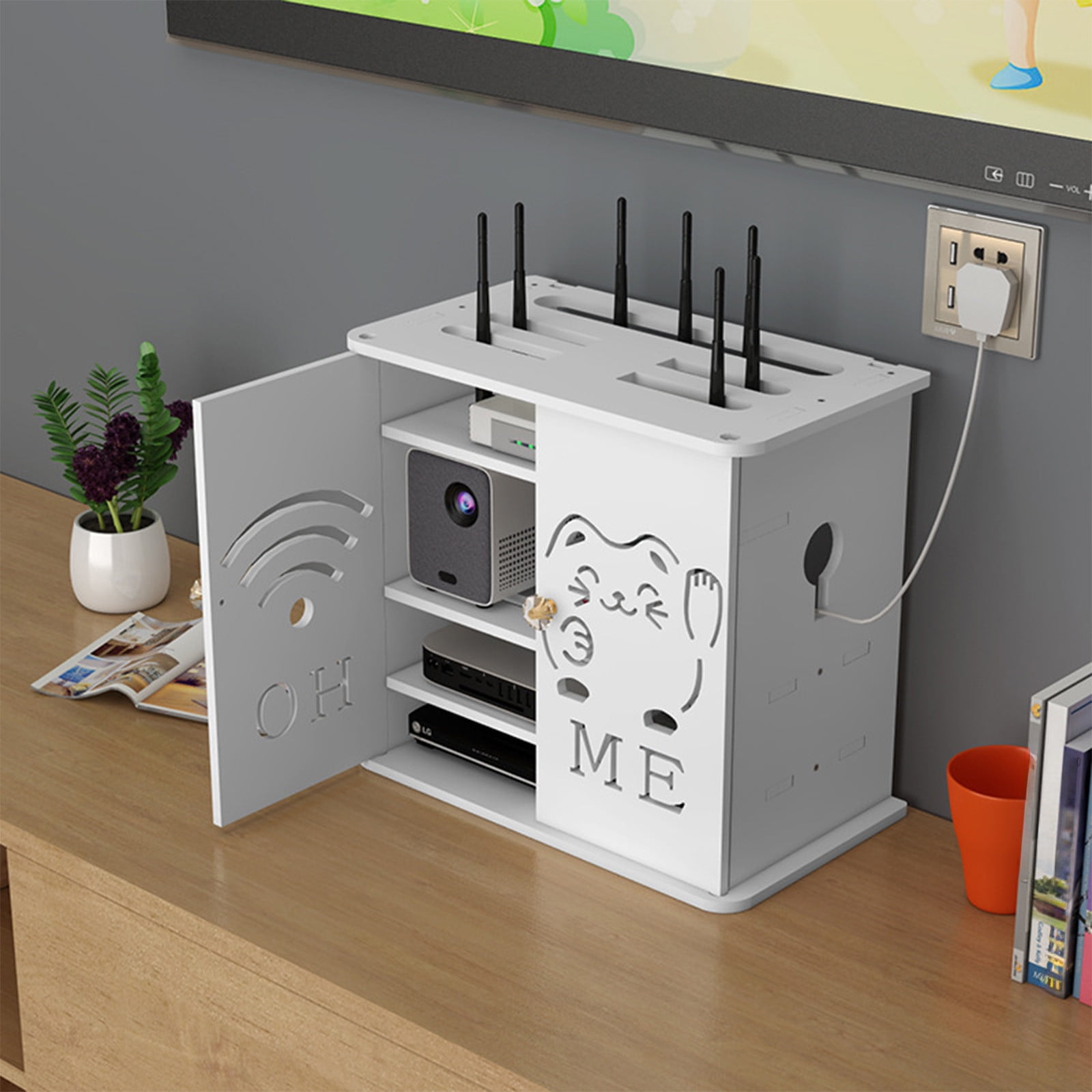 Corner WiFi Router Storage Box Wall Mount Rack, White Plastic 3-Tier Cable Management for Modem, TV Set Top Box, Power Strip, Corner Organizer 34x23x18cm