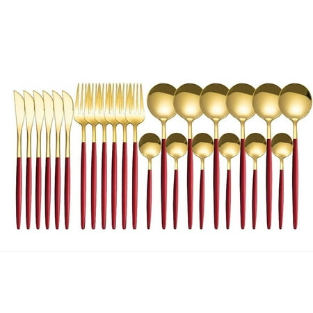 

24 Piece Cutlery Set Stainless Steel Flatware Set Stainless Steel Spoon Fork Knives Hygienic Durable Glossy Western Dinnerware Set Dishwasher Safe for Restaurant and Home Use - Red & Gold