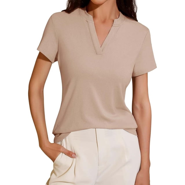 V Neck Loose Fit Short Sleeve Shirt For Women Spring Summer Tail Hem Blouse Top