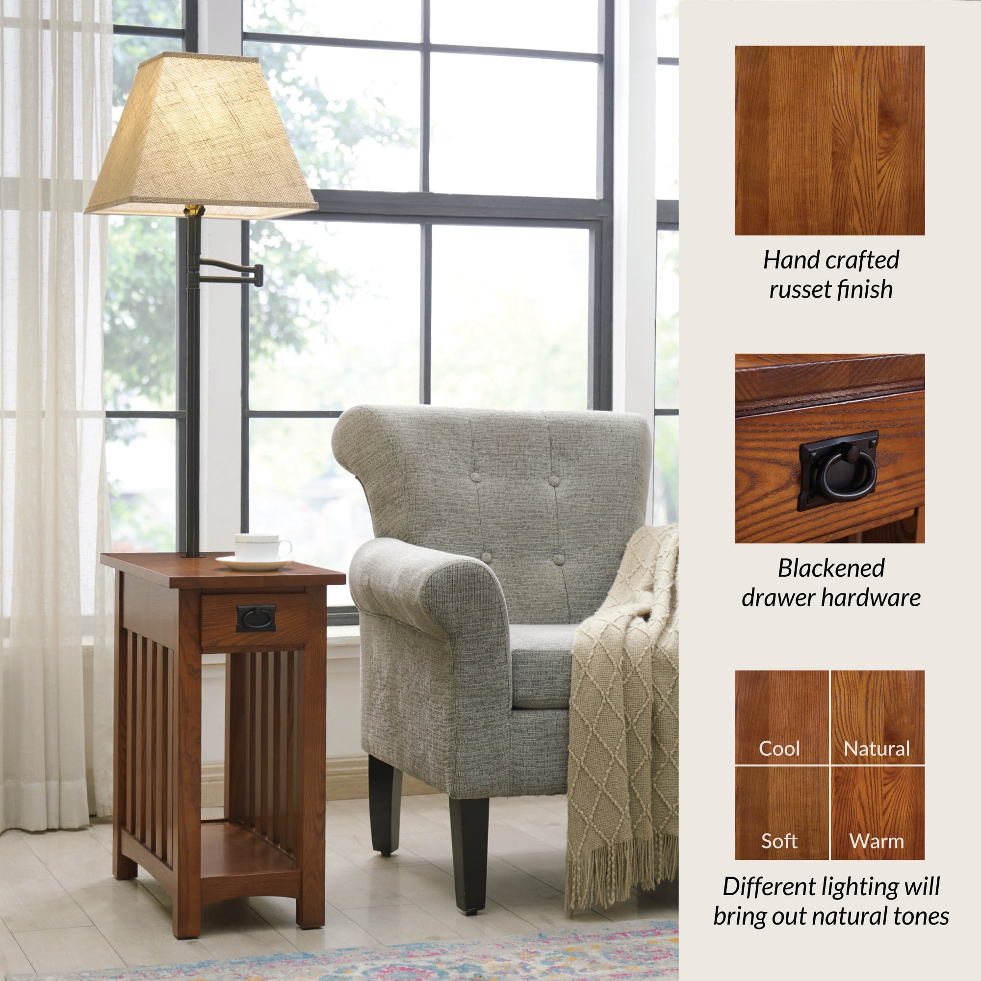 Leick Home 10028 Mission Lamp Table, Made with Solid Wood, End Table for Living Room, Bedroom, and Home Office, Medium Oak Finish